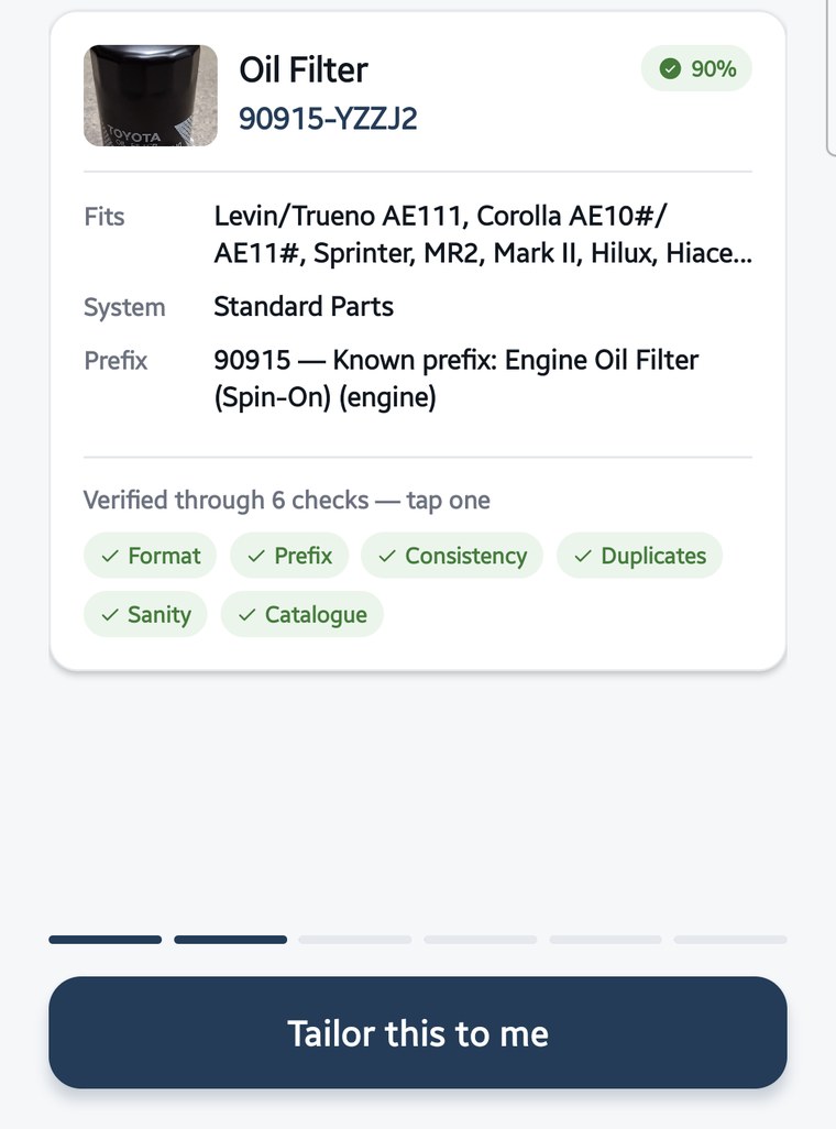 Match result for a scanned part, with a confidence percentage and six verification checks