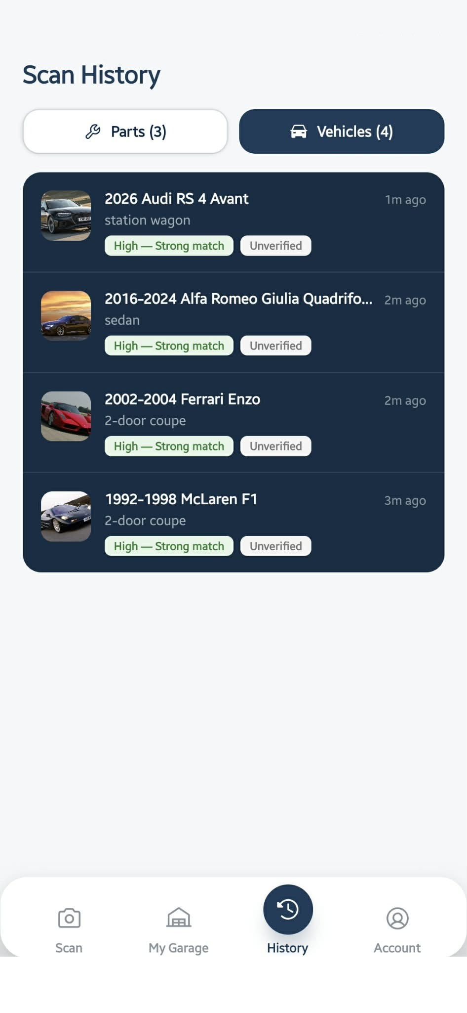 Scan history showing match strength and verification status for each result