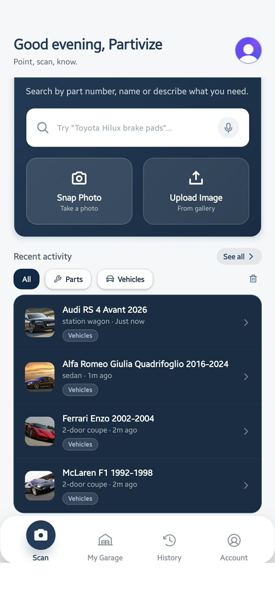 Partivize scan screen with photo, upload, and search options
