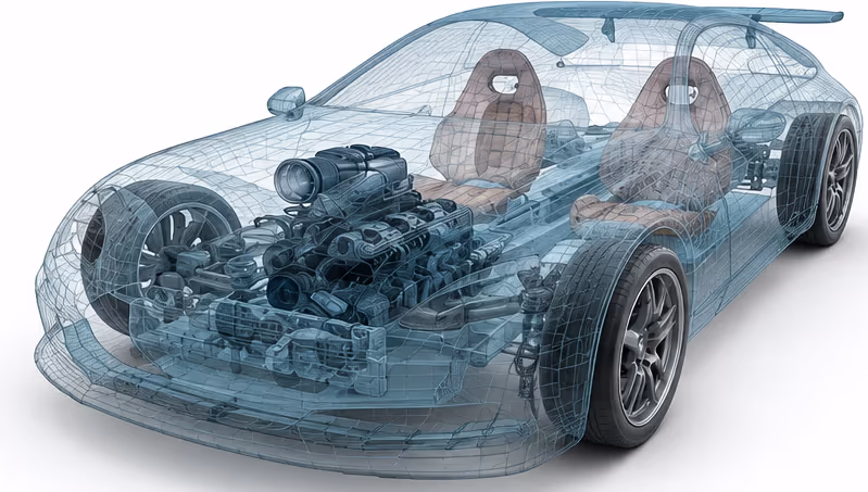 Car cutaway showing its internal mechanical systems