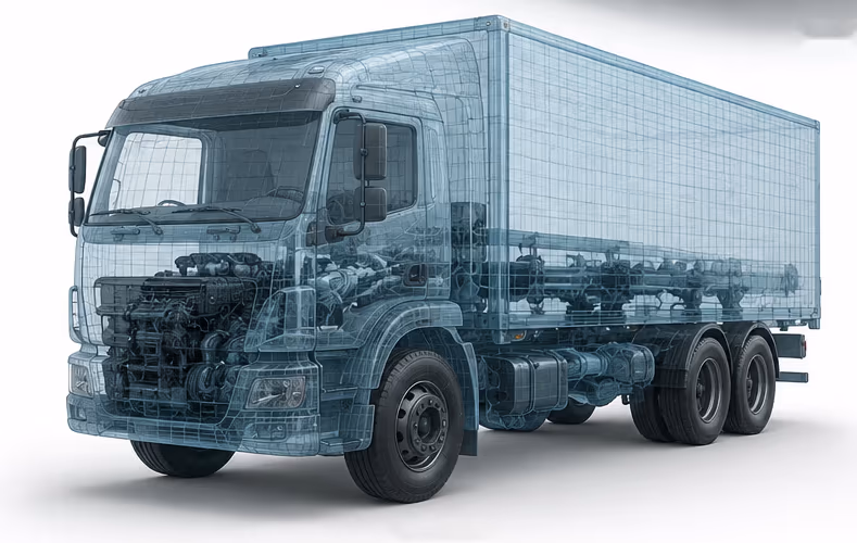 Truck cutaway showing its internal mechanical systems